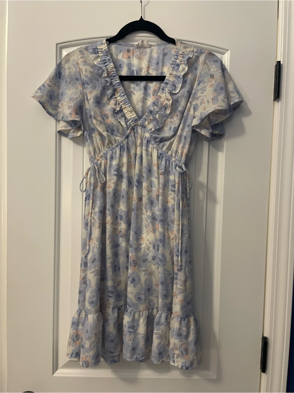 Sienna Sky Pastel Blue Floral Midi Dress with Ruffle V-Neck